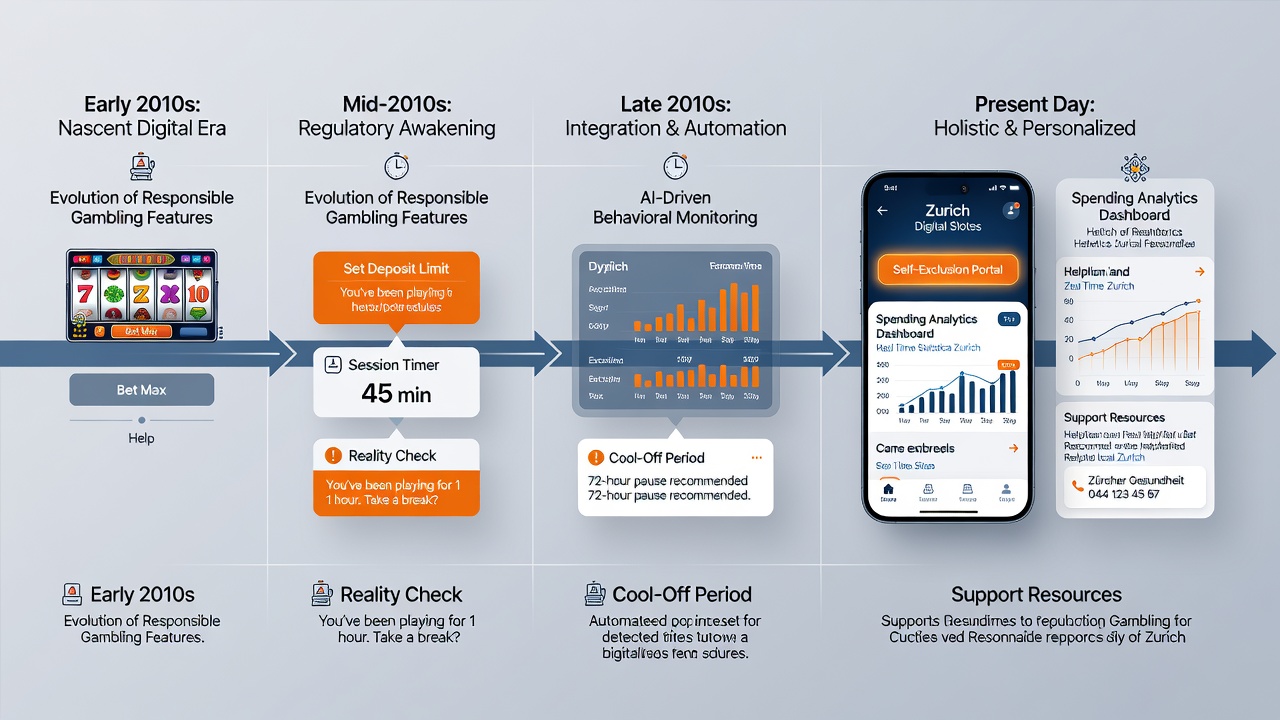 Infographic illustrating responsible gambling features such as limit tools and session alerts in Swiss online slots